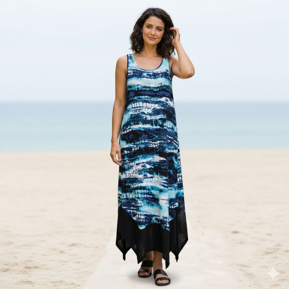 Kensie Blue Aqua Tie Dye Maxi Dress Size M Sleeveless Lined Summer Beachy